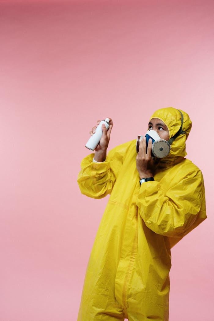A man in a yellow protective suit and respirator holds a spray bottle against a pink backdrop.